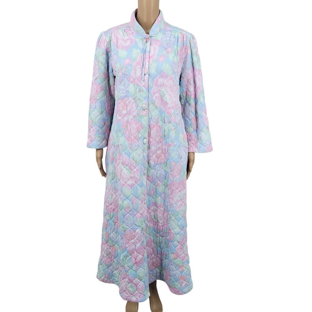 Miss Elaine Vintage Button Down Floral Quilted Robe Pastel